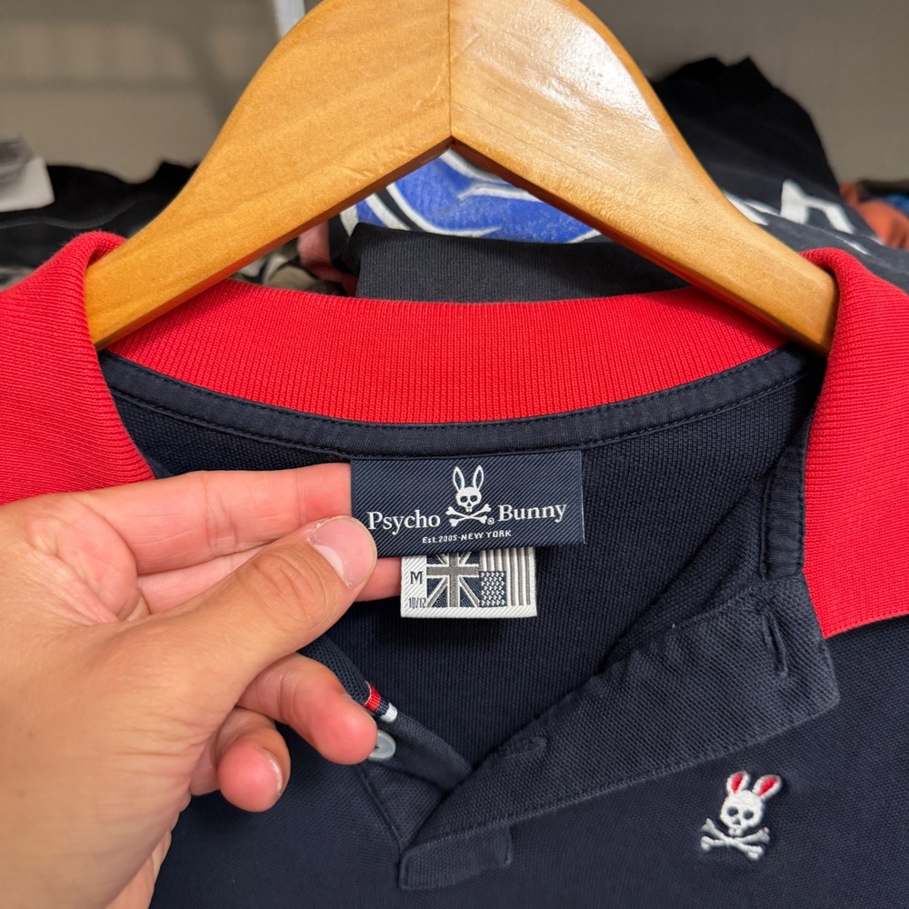 Psycho Bunny Polo Boys Size M 10/12 Navy Blue Red Contrast Collar Pique Shirt - Picture 2 of 5